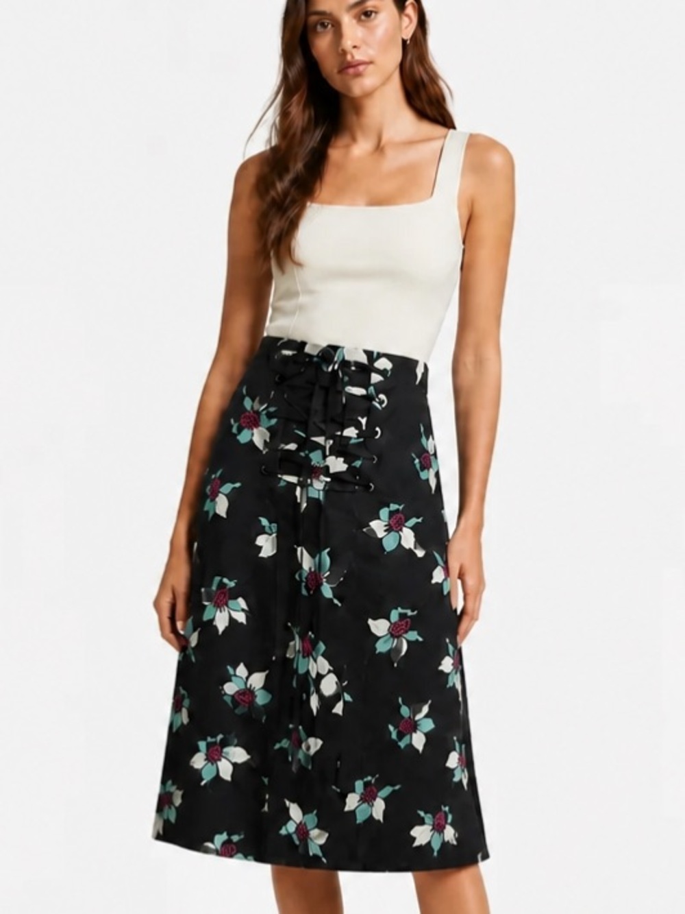 MAEVE Anthropologie ZADIE Skirt Floral Black Lace Up Full Textured Midi